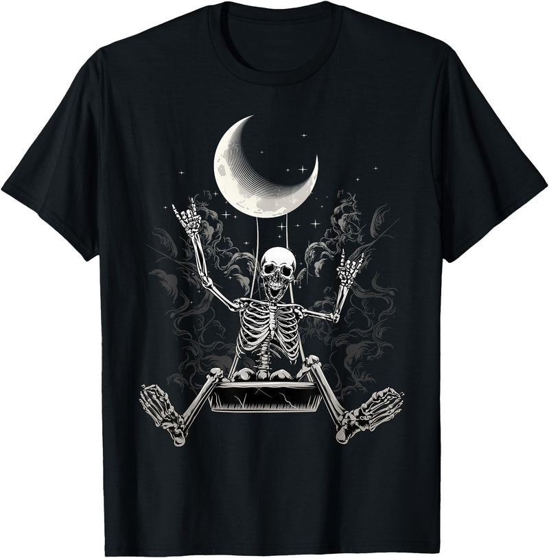 Skeleton Love Halloween Moon Skeleton Rock On Hand Spooky Halloween Rock Concerts T-Shirt - Black