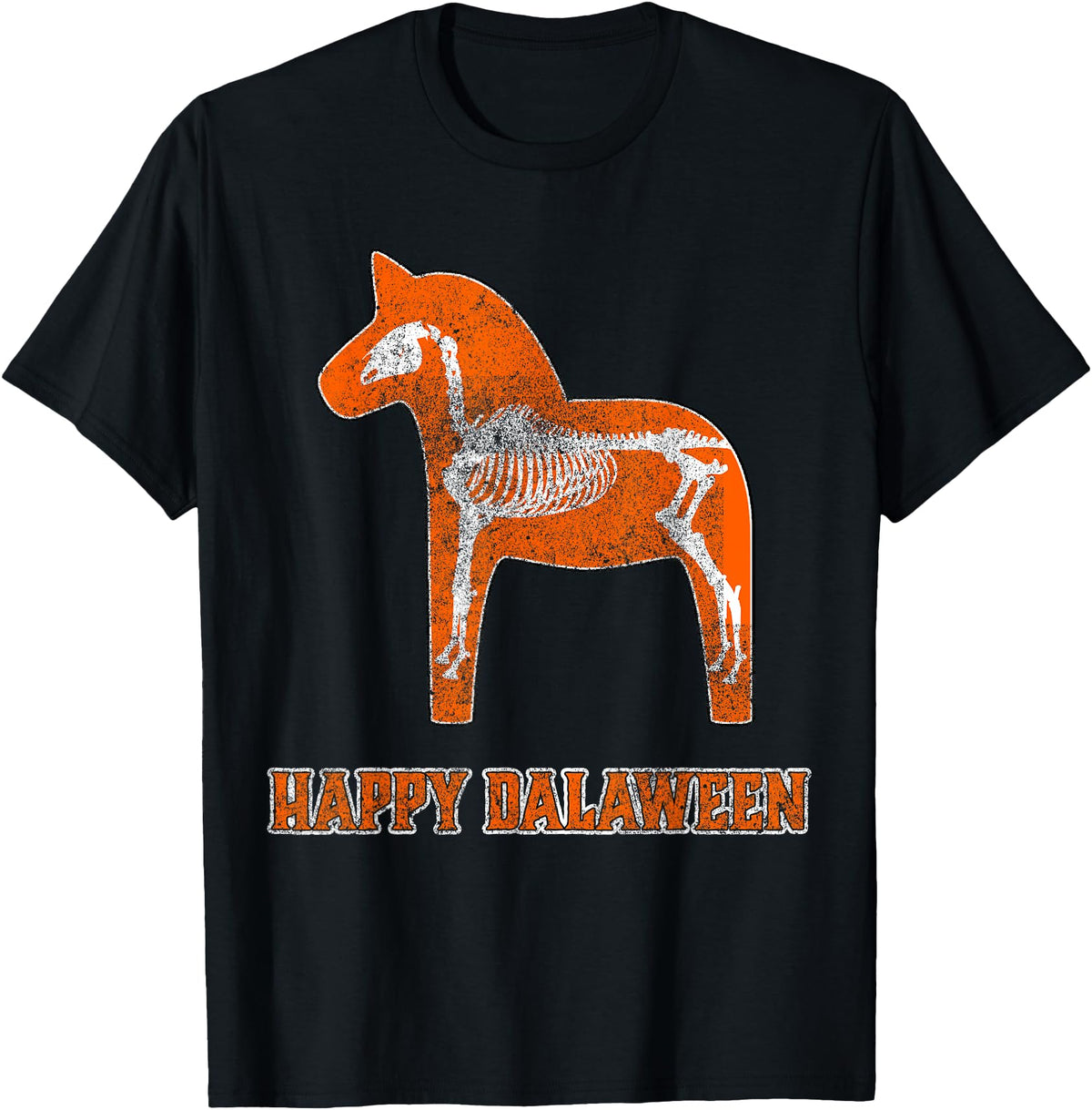 Nordic Emporium Swedish Halloween Happy Dalaween Scary Dala Horse Skeleton T-Shirt - Black