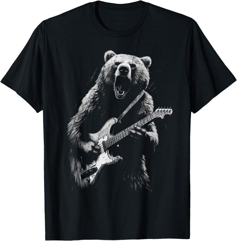 Unknown Designer Rock Bear Playing Guitar - Funny Guitar Bear Music T-Shirt - Black