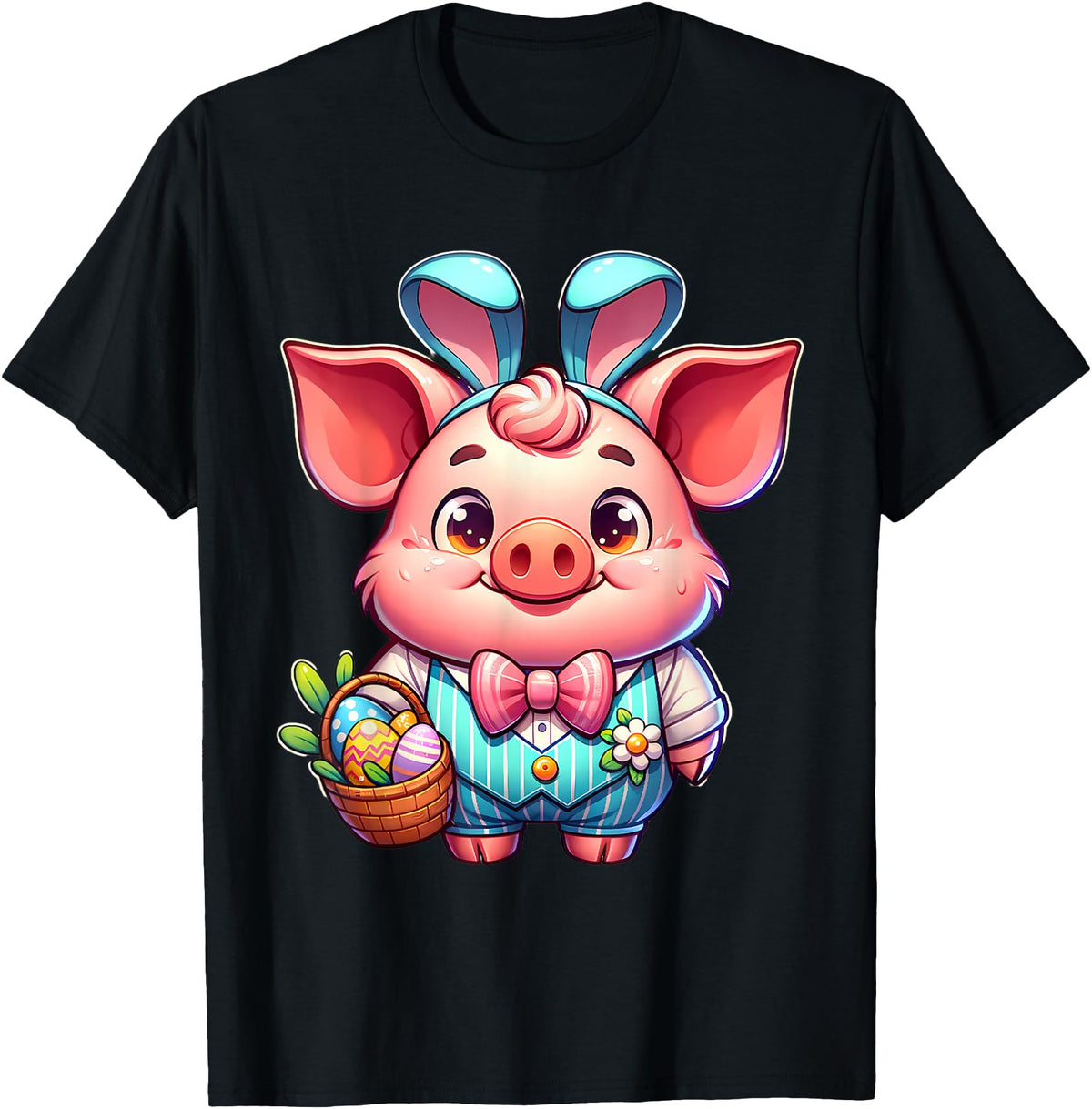 Pig Easter Designs. Easter Pig Bunny Ears Eggs Cute Farm Animal T-Shirt - Black