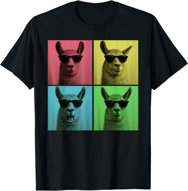 Retro Cute Llama Portrait with Sunglasses Llama Funny Pop Art Llama Lover Photo Booth T-Shirt - Black