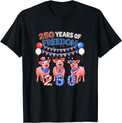 250th Freedom 4th of July US Flag Fireworks Three Cute Pigs T-Shirt