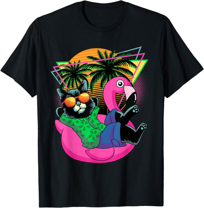 Nerrrdy Retro 80s 90s Flamingo Cat Gifts Men Kids Women Funny Cat T-Shirt