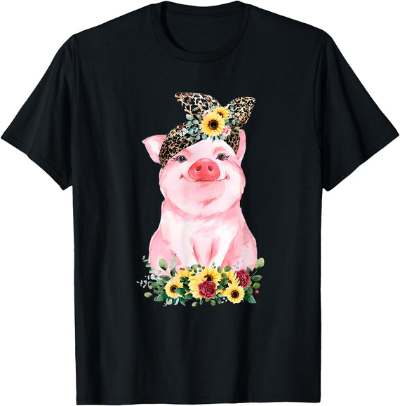 Pig Leopard Headband Flower Tees Pig With Leopard Headband Flower Cute Pig Lover T-Shirt - Black