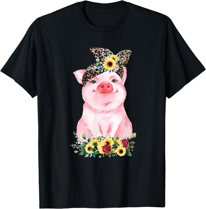 Pig Leopard Headband Flower Tees Pig With Leopard Headband Flower Cute Pig Lover T-Shirt - Black