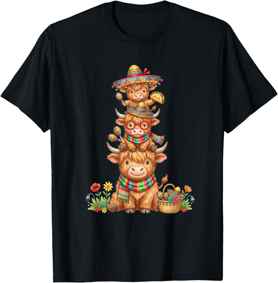 Cute Highland Cow Cinco De Mayo Apparel Highland Cow Fiesta with Sombrero and Maracas Cinco De Mayo T-Shirt - Black