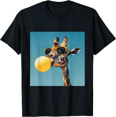 Giraffe chewing Yellow gum and Wearing sunglasses T-Shirt