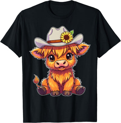 Cute Highland Cow Cowboy Hat Sunflower Western T-Shirt