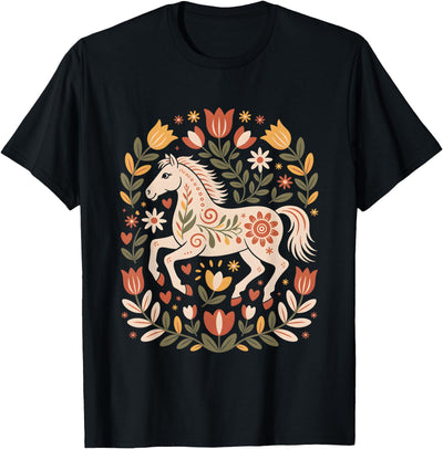 Nordic Folk Art Co. Scandinavian Folk Art Horse Floral Boho Equestrian Cottageco T-Shirt