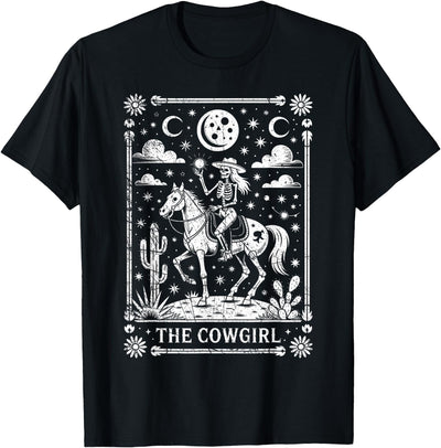Funny Halloween Horse Costume Ideas And Gift Skeleton Cowgirl Riding Horse Tarot Card Gothic Halloween T-Shirt