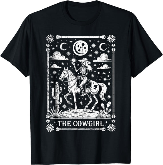 Funny Halloween Horse Costume Ideas And Gift Skeleton Cowgirl Riding Horse Tarot Card Gothic Halloween T-Shirt - Black