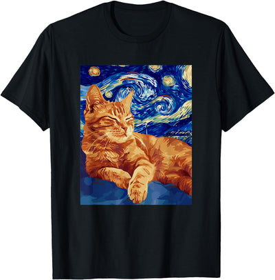 Art Starry Night Cat Starry Night Famous Painting Cat T-Shirt
