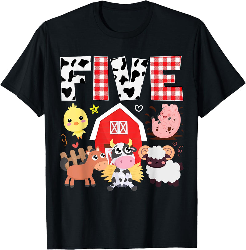 Farm Animals Cow Themed Birthday Party Family Tees 5th Birthday Five Year Old Farm Theme Animals Birthday Party T-Shirt -