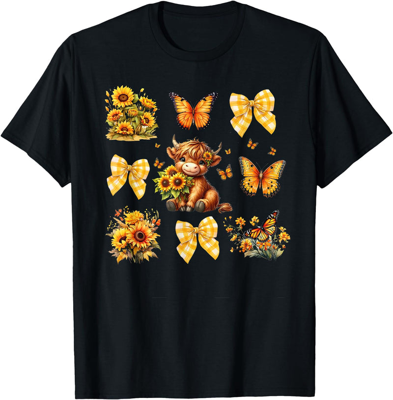 Coquette Bow Scottish Highland Cow Sunflower Shirt Baby Highland Cow With Sunflower Butterflies Farm Western T-Shirt - Black