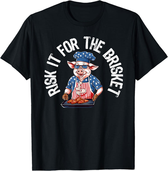Funny Grill Pig Barbeque Pitmaster Designs for Men Risk It For The Brisket Funny Pig Grilling Barbecue Pork BBQ T-Shirt - Black