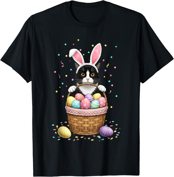 Cat Bunny Ears Eggs Meowy Easter Rabbit Lover Men Women Kids T-Shirt in Black