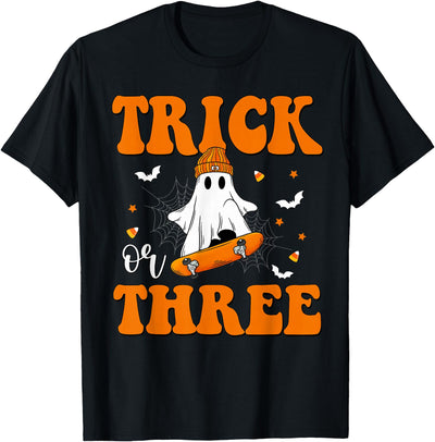 3 Year Old Boy Birthday Gift For Spooky Boys Kids Trick or Three 3rd Halloween Birthday Ghost Skateboarding T-Shirt