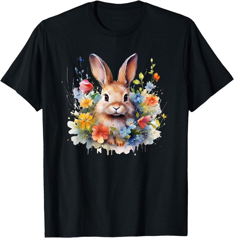 Bunny Rabbit Face Floral Watercolor Painting Love Bunnies T-Shirt in Black