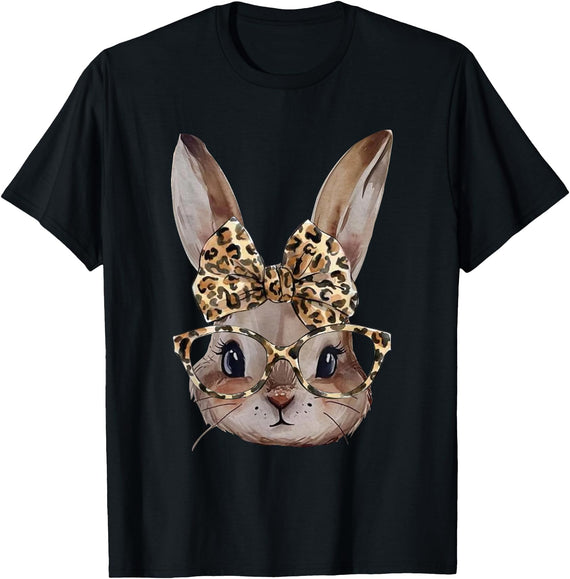 Easter Bunny Leopard Glasses Bandana Rabbit Kids Women Girls T-Shirt in Black