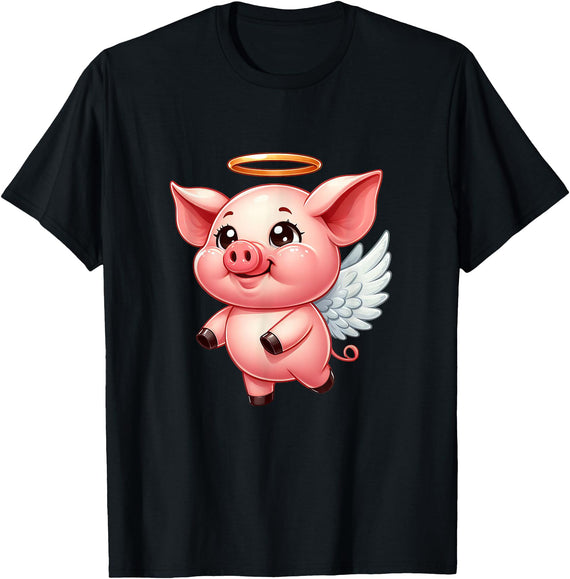 Cute Pig Angel with Wings T-Shirt - Black