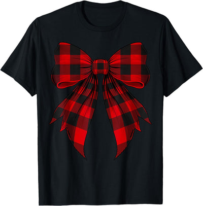 Cow Coquette Bow Red Black Buffalo Tartan Checkered Plaid T-Shirt