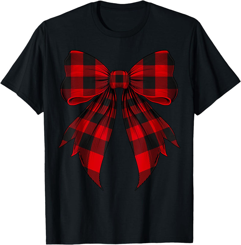 Buffalo Tartan Coquette Aesthetic Women Gifts Coquette Bow Red Black Buffalo Tartan Checkered Plaid T-Shirt - Black