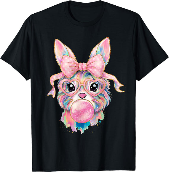 Funny Bunny Face Glasses Rabbit Coquette Bow Easter Trendy T-Shirt in Black