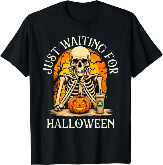 Funny Halloween Shirts Just Waiting For Halloween - Halloween Skeleton Ghoul T-Shirt - Black