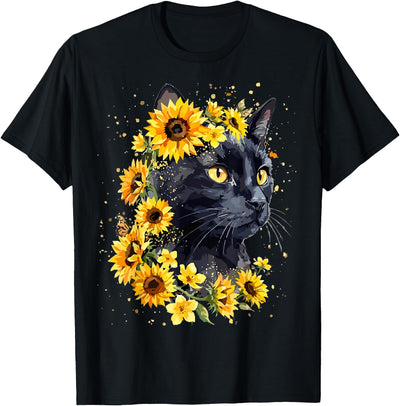 Funny Black Cat lover Black Cat Sunflower Floral T-Shirt