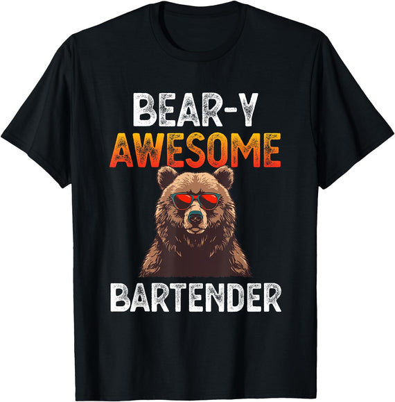 Beary Awesome Bartender Funny Mixologist Vintage Bear-y Awesome Bartender Pun Joke Barman Funny Barkeeper Men T-Shirt - Black