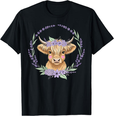 Girls Cute Baby Highland Cow Design Purple Flowers Farm T-Shirt