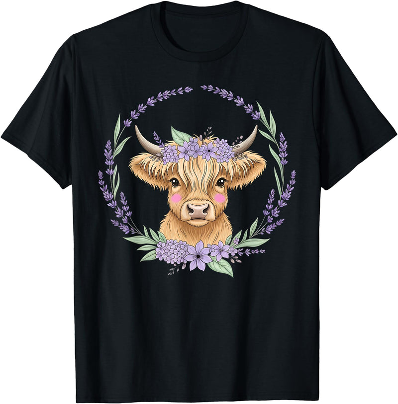 Unique Highland Cow Gifts Girls Cute Baby Highland Cow Design Purple Flowers Farm Toddler T-Shirt - Black