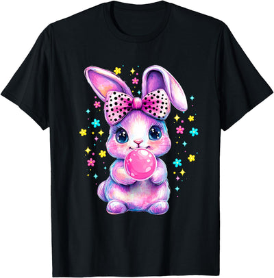 Pastel Baby Bunny with Bow Blowing Bubblegum T-Shirt