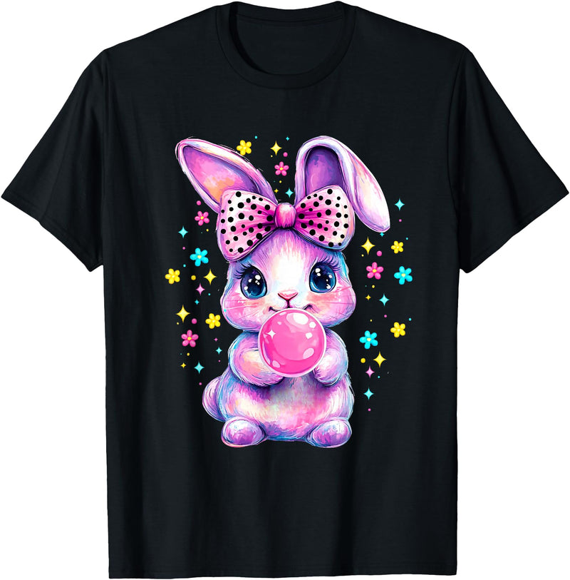Cute Coquette Bow Tie Dye Rabbit Easter Bunny Girl Kids T-Shirt in Black