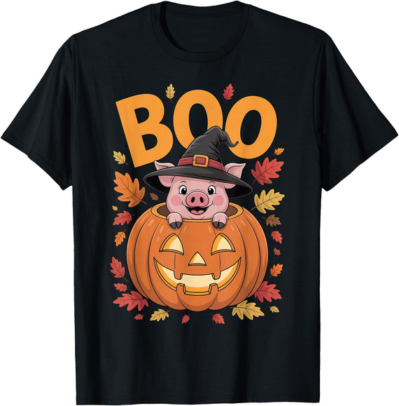 Pig Halloween kids, women, men Pig Costume on Pumpkin Halloween Pig T-Shirt - Black