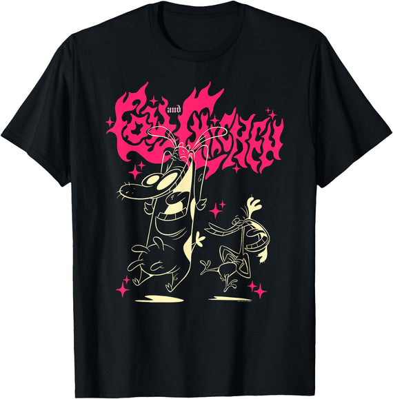 Cow and Chicken Hot Pink Heavy Metal Cartoon T-Shirt - Black