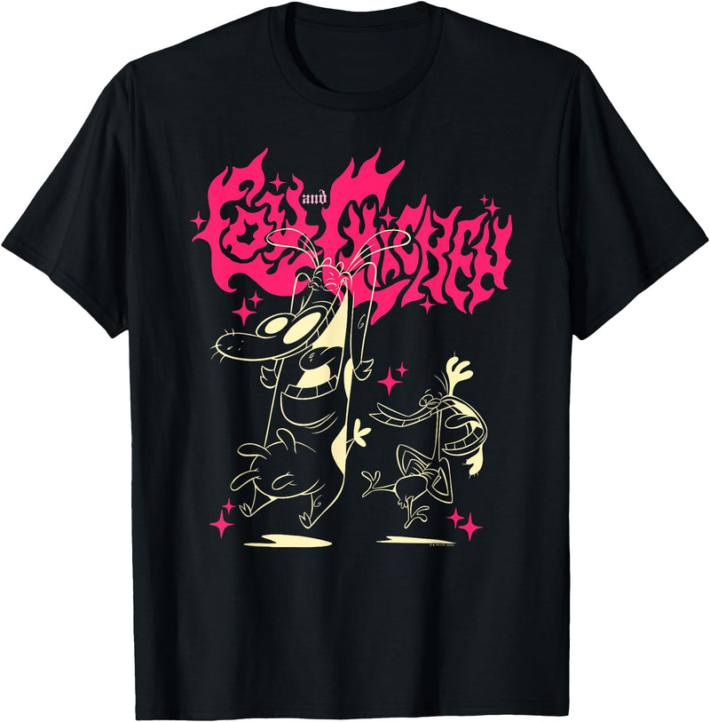 Cow and Chicken Hot Pink Heavy Metal Cartoon T-Shirt - Black