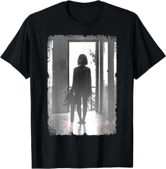 Halloween and Horror Art Creepy Chainsaw Girl Horror Dark Art T-Shirt - Black