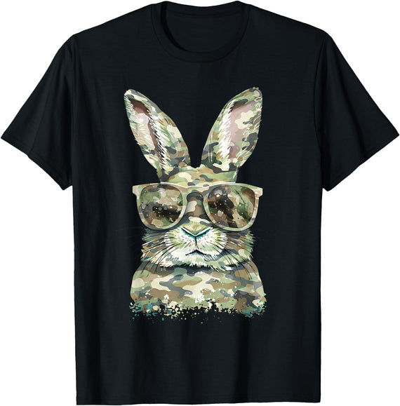 Funny Bunny Glasses Rabbit Happy Easter Camouflage Trendy T-Shirt in Black