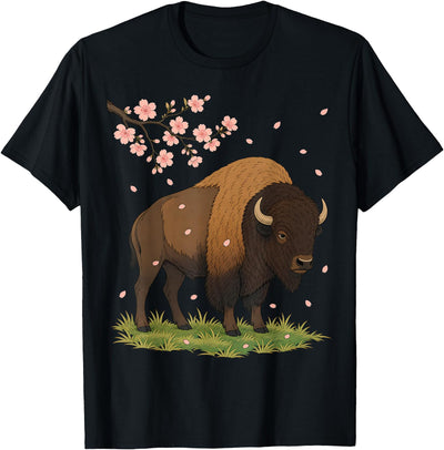 Cow Bison Cherry Blossom Ukiyo Art Buffalo Sakura Funny Meme T-Shirt