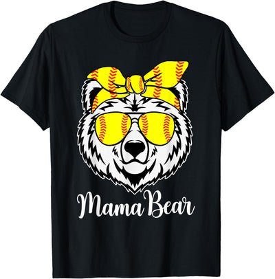 Softball Mama Bear With Sunglasses Bandana Momma Mothers Dy T-Shirt