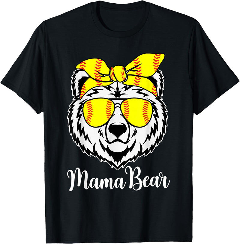 Mama Bear Face Apparel Softball Mama Bear With Sunglasses Bandana Momma Mothers Dy T-Shirt - Black