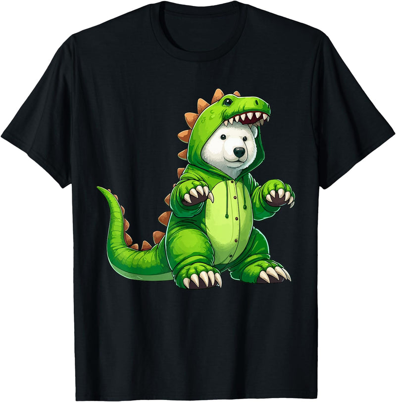 Scary Polar Bear Dinosaur Halloween Lazy Costume Polar Bear Wearing Dinosaur Costume Halloween Cosplay T-Rex T-Shirt - Black