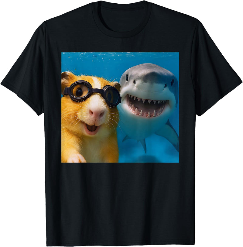 Selfie Guinea Pig and Shark Summer Scuba Diving Funny Guinea Pig Selfie with Shark Ocean Lovers T-Shirt - Black