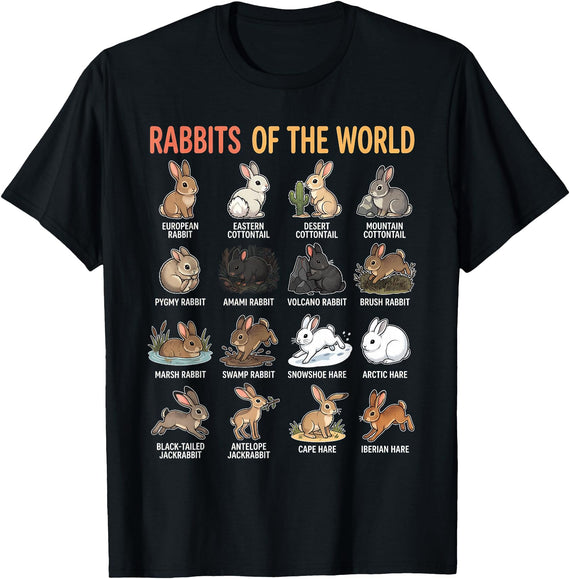 Rabbits of the World Species Educational Chart Bunny Types T-Shirt in Black
