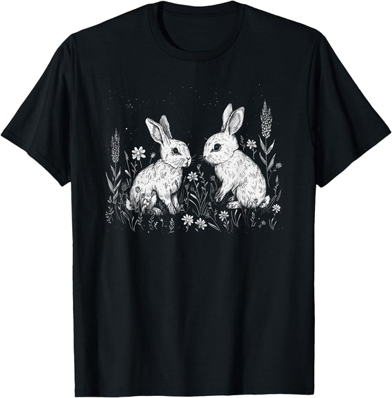 White Bunny Rabbit Dark Cottagecore Cute Flowers Aesthetic T-Shirt in Black