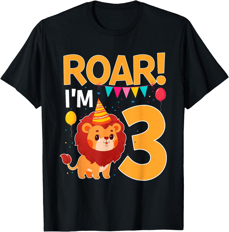 Lion 3rd Birthday Gift Roar I'm 3 Birthday Lion Theme 3 Year Old Lion Lover T-Shirt - Black