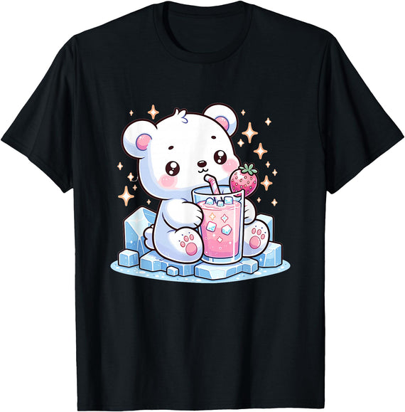 Cute Japanese Kawaii Animals Drinking Milk Co. Cute Kawaii Style Polar Bear Drinking Strawberry Milk T-Shirt - Black
