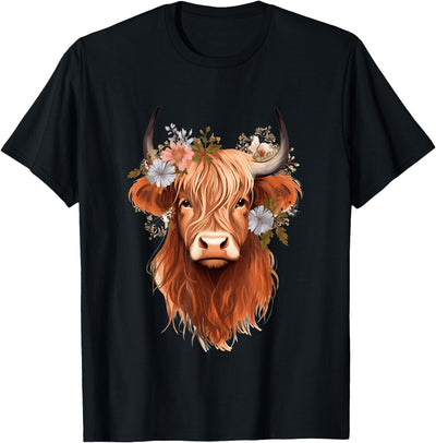 Cottagecore Floral Cow Girls and Kids Flowers Highlander T-Shirt