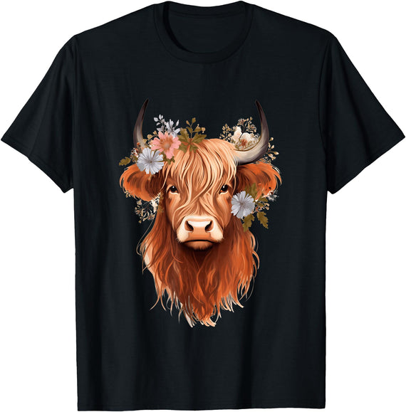 Cottagecore Floral Cow For Women Girls and Kids Flowers Highlander Cattle Cottagecore Scottish Highland Cow T-Shirt - Black